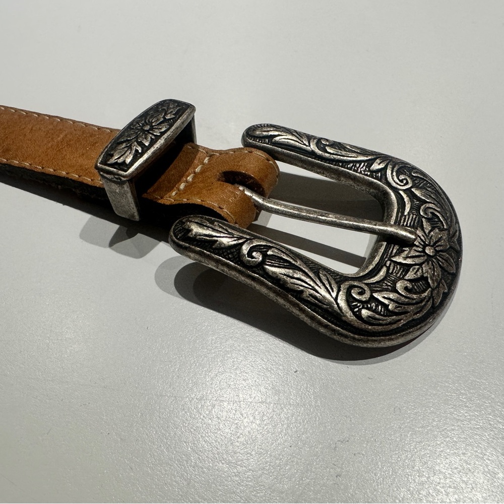 Leather Western-Style Belt with Floral Engraved Buckle - Tan